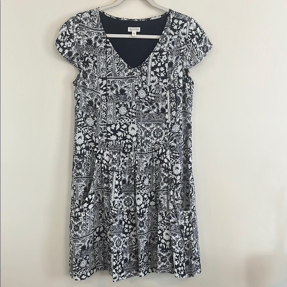 Garnet Hill Abstract Floral Dress Drop‎ Waist Navy Blue 4 Casual Summer Boho